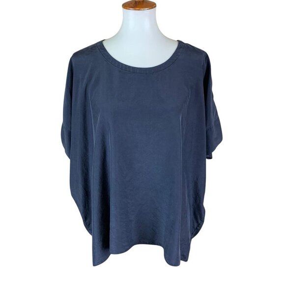 COS Silk Minimalist Oversized Blouse Navy Blue Short Sleeve Boxy Fit Small - Picture 1 of 5